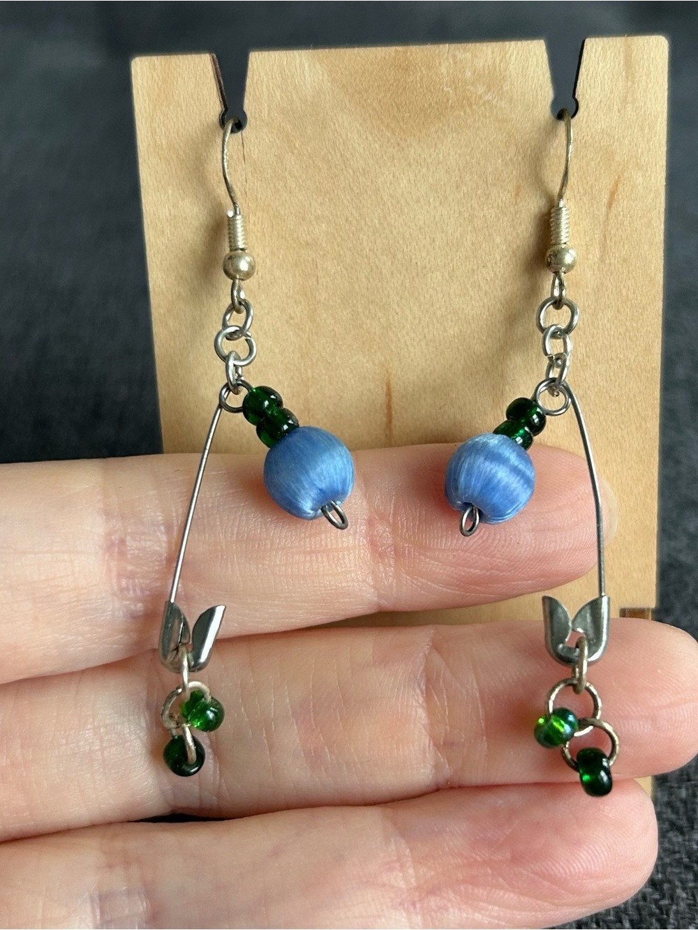 Handcrafted Safety Pin Earrings with Colorful Beads, Silver, Blue, Green - Picture 11 of 15
